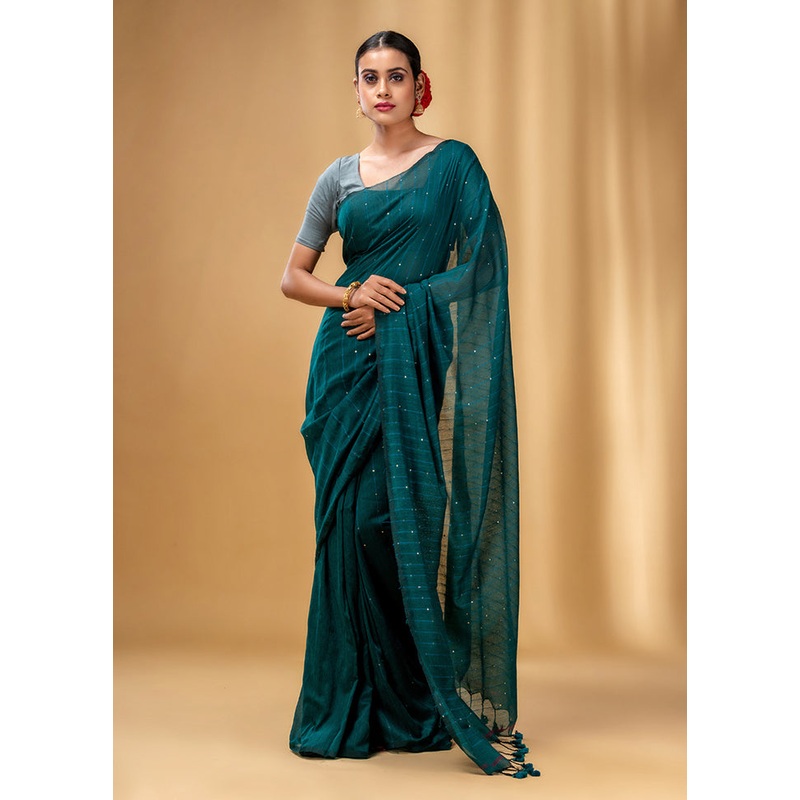 Teal Cotton Saree With Blouse Piece - JD986586059