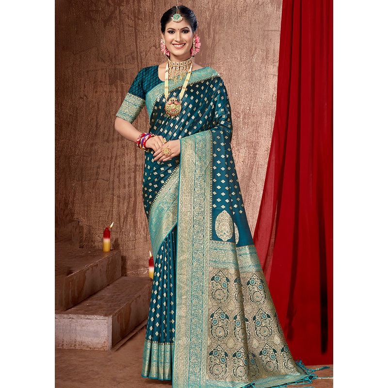 Teal Dupion Silk Saree With Blouse Piece - JD986586050