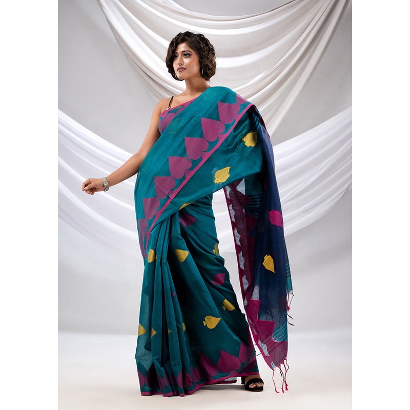 Teal Green Cotton Saree With Blouse Piece - JD986586047