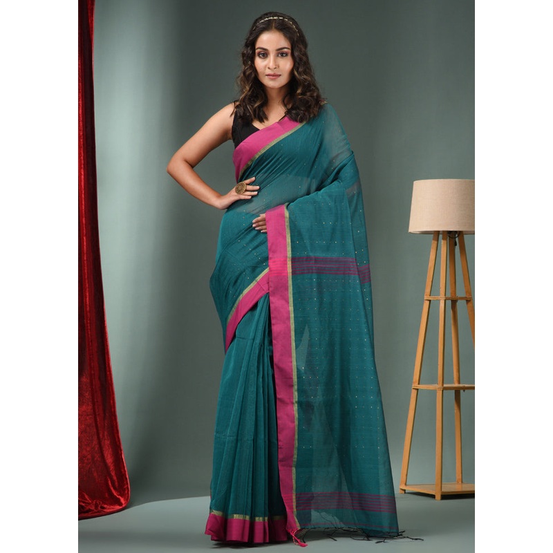 Teal Green Cotton Saree With Blouse Piece - JD986586048