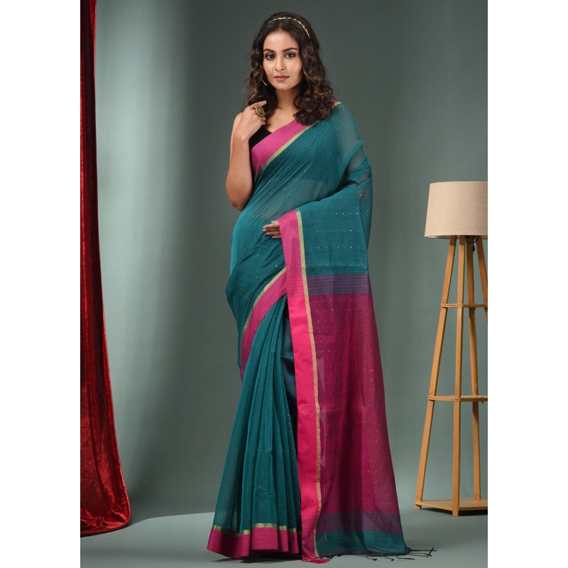 Teal Green Cotton Saree With Blouse Piece - JD986586049