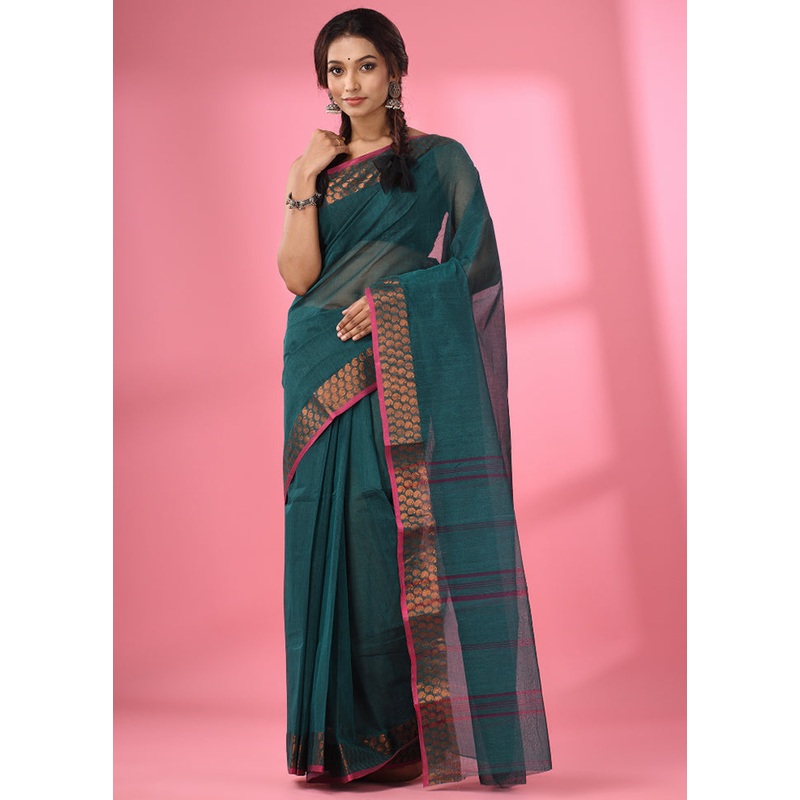 Teal Green Pure Cotton Saree With Blouse Piece - JD986586045