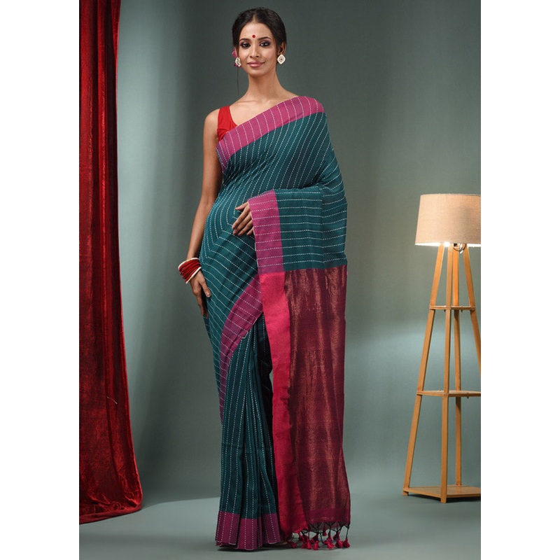 Teal Green Pure Cotton Saree With Blouse Piece - JD986586046
