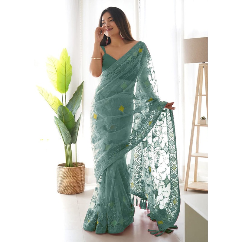 Teal Organza Saree With Blouse Piece - JD986586042