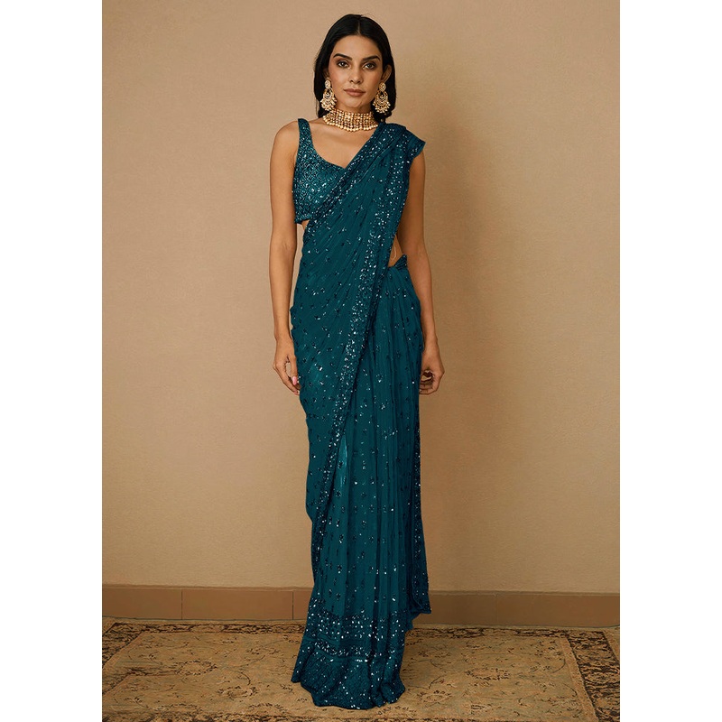 Teal Organza Saree With Blouse Piece - JD986586043
