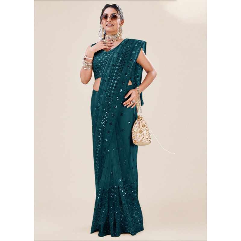 Teal Organza Saree With Blouse Piece - JD986586044