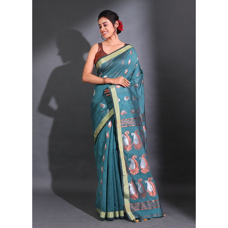 Teal Pure Cotton Saree With Blouse Piece - JD986586034
