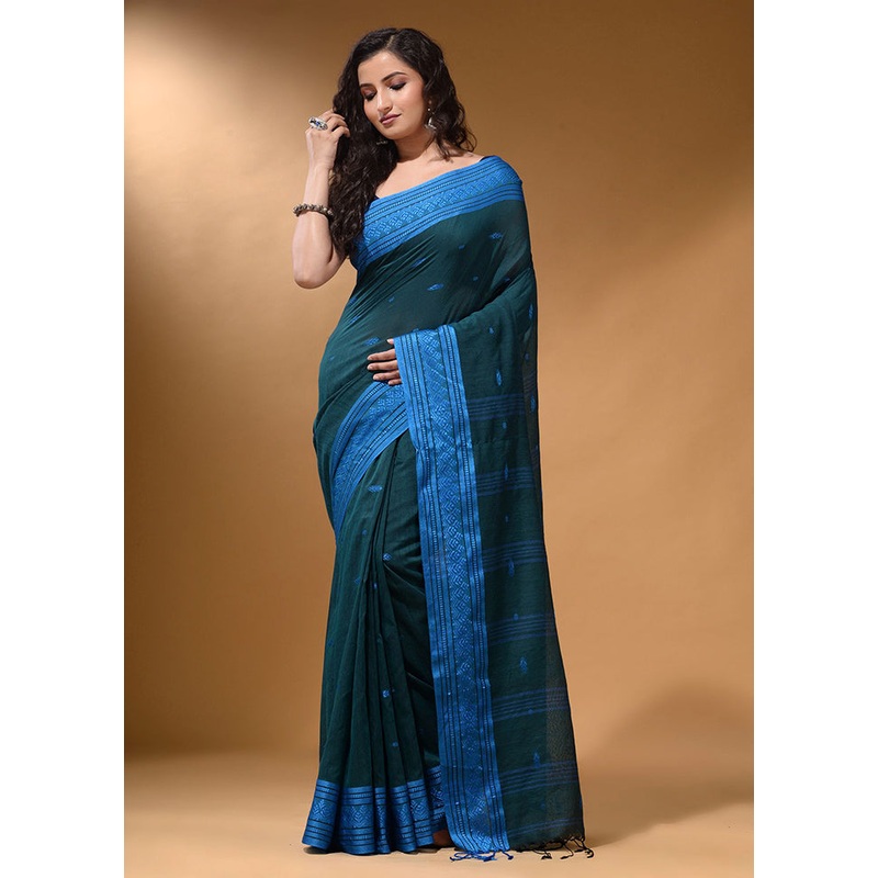 Teal Pure Cotton Saree With Blouse Piece - JD986586035
