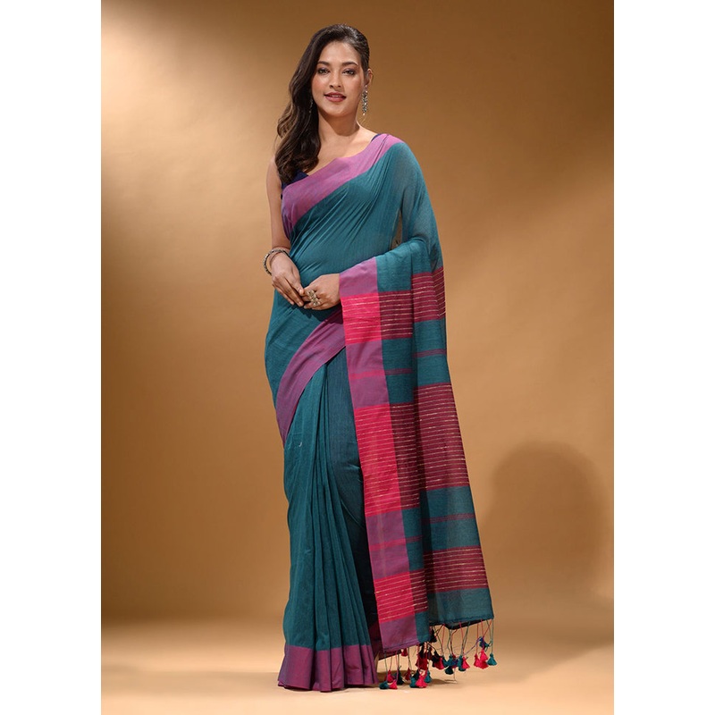 Teal Pure Cotton Saree With Blouse Piece - JD986586036