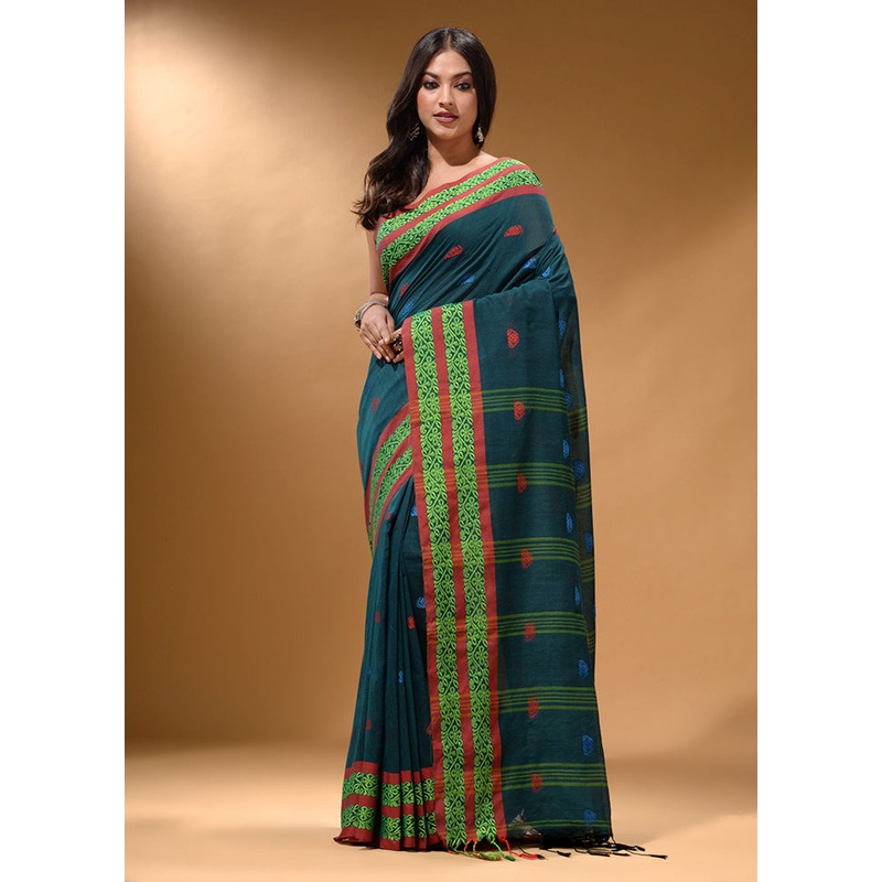 Teal Pure Cotton Saree With Blouse Piece - JD986586037