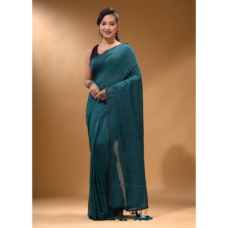 Teal Pure Cotton Saree With Blouse Piece - JD986586038