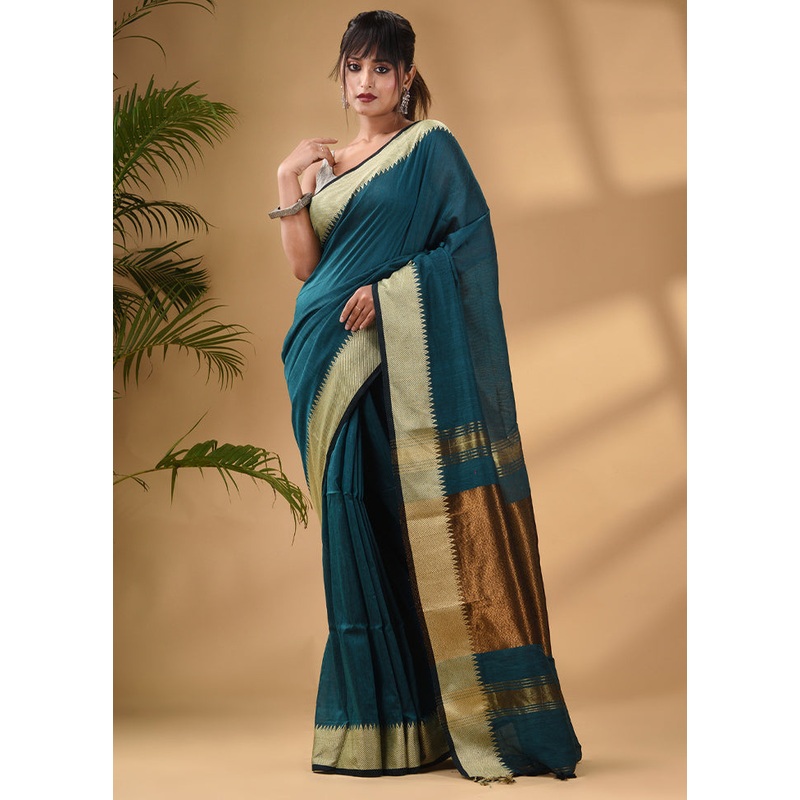 Teal Pure Cotton Saree With Blouse Piece - JD986586039