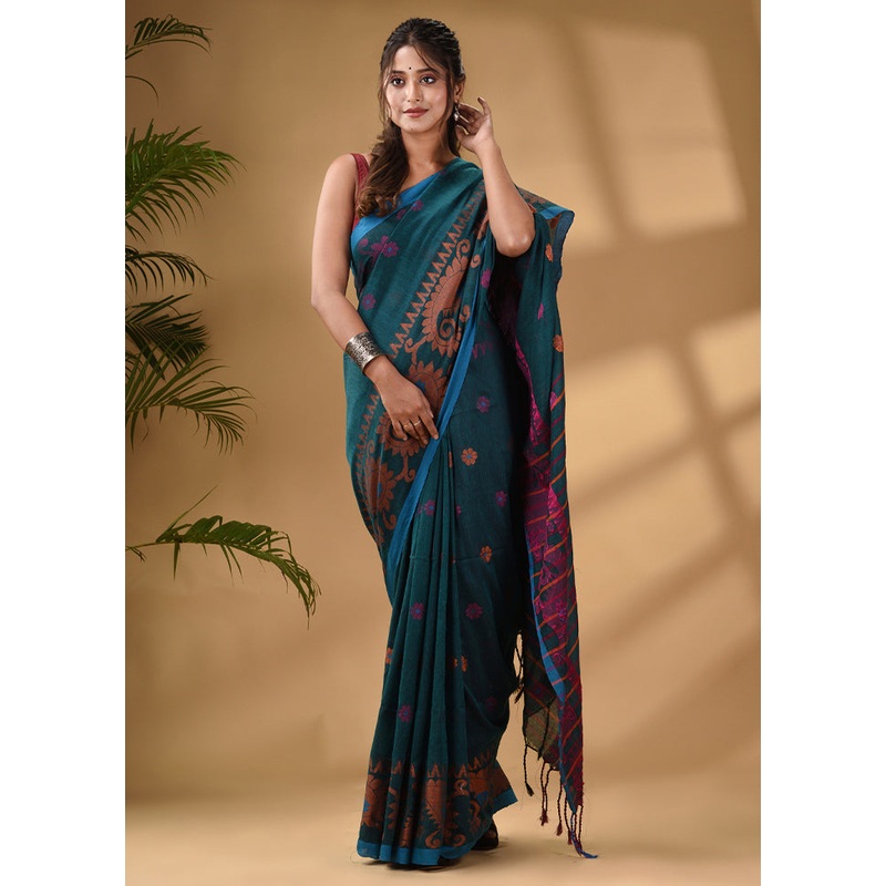Teal Pure Cotton Saree With Blouse Piece - JD986586040