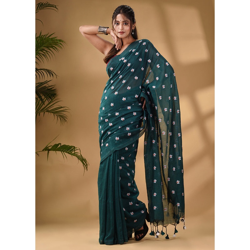 Teal Pure Cotton Saree With Blouse Piece - JD986586041