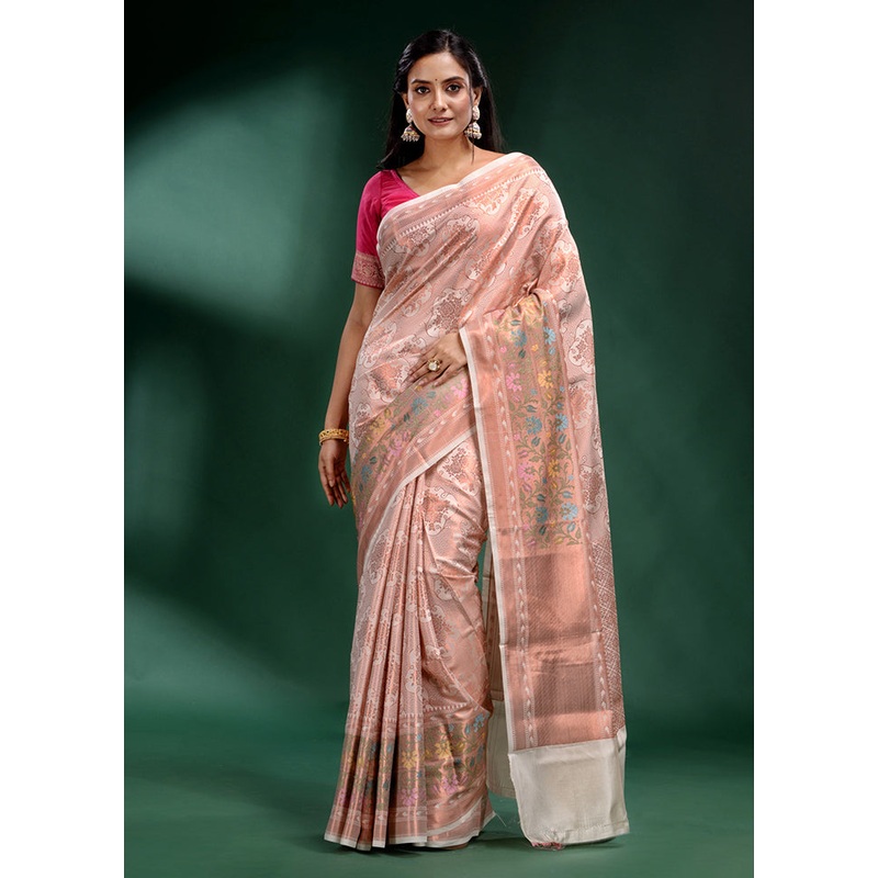 Peach Dupion Silk Saree With Blouse Piece - JD986585969