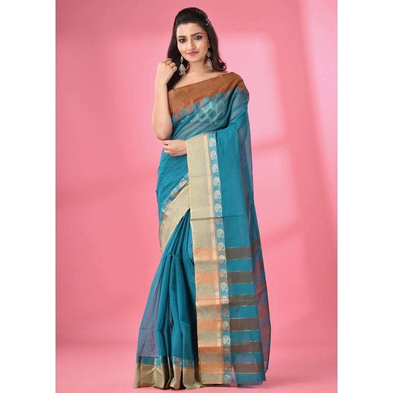 Teal Pure Cotton Saree With Blouse Piece - JD986586025