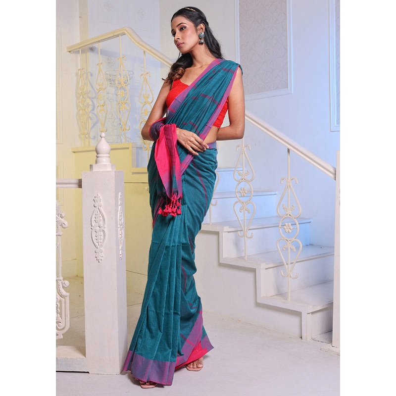 Teal Pure Cotton Saree With Blouse Piece - JD986586026