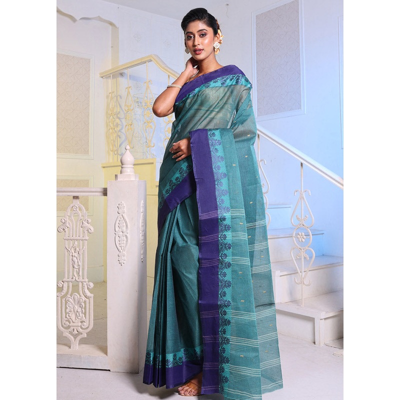 Teal Pure Cotton Saree With Blouse Piece - JD986586027
