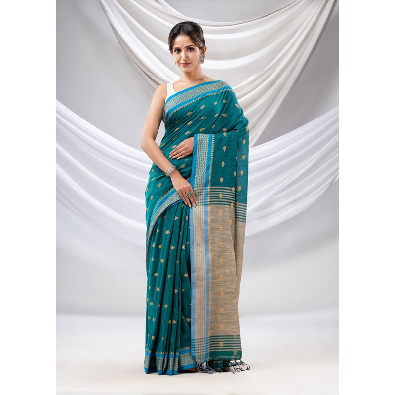 Teal Pure Cotton Saree With Blouse Piece - JD986586028
