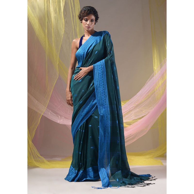 Teal Pure Cotton Saree With Blouse Piece - JD986586029