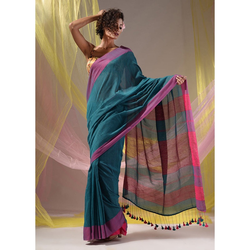Teal Pure Cotton Saree With Blouse Piece - JD986586030