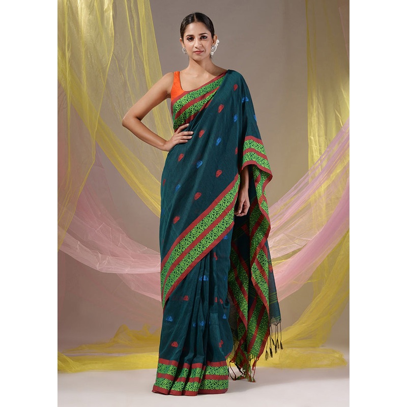 Teal Pure Cotton Saree With Blouse Piece - JD986586031