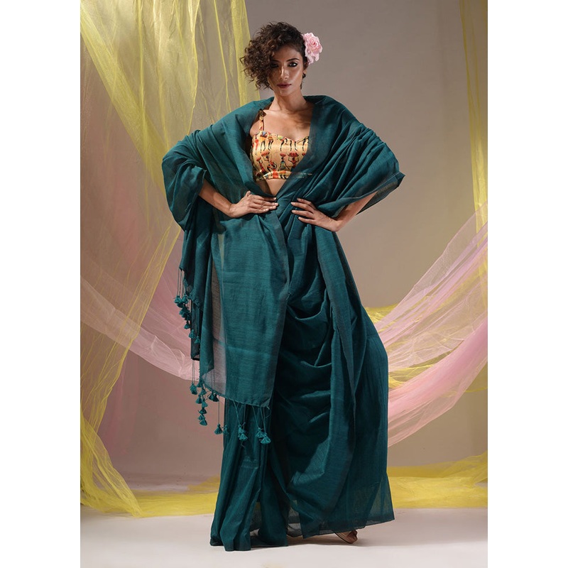 Teal Pure Cotton Saree With Blouse Piece - JD986586032