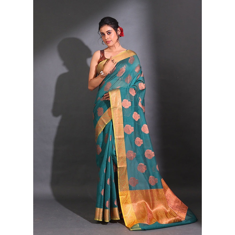 Teal Pure Cotton Saree With Blouse Piece - JD986586033