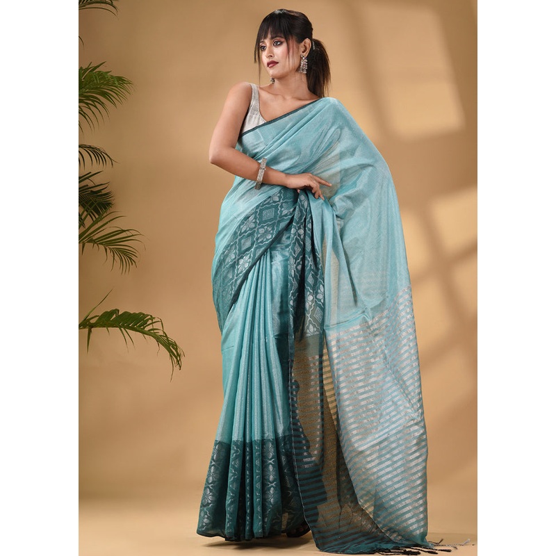 Teal Silk Saree With Blouse Piece - JD986586021