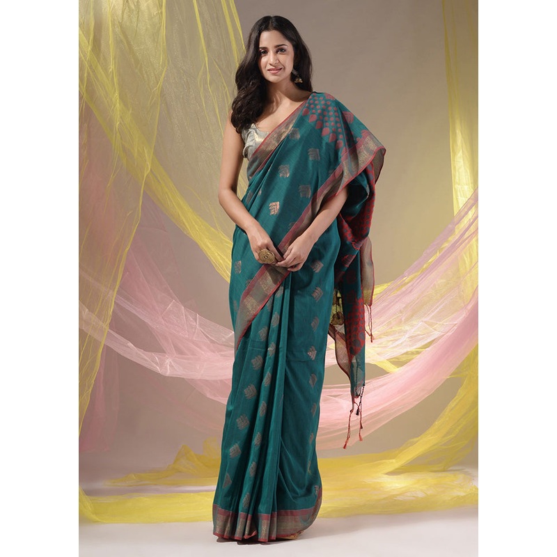 Teal Spun Silk Saree With Blouse Piece - JD986586016