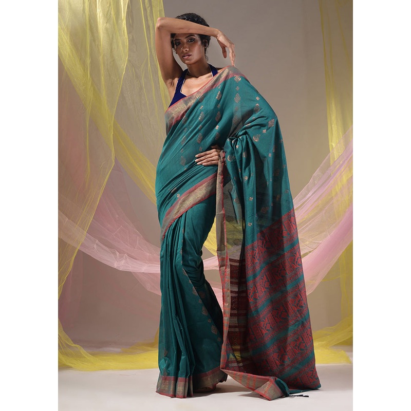 Teal Spun Silk Saree With Blouse Piece - JD986586017