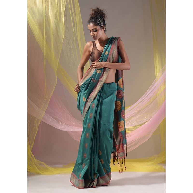 Teal Spun Silk Saree With Blouse Piece - JD986586018