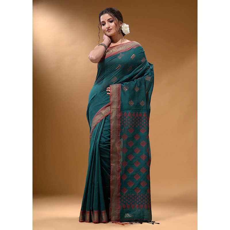 Teal Spun Silk Saree With Blouse Piece - JD986586019