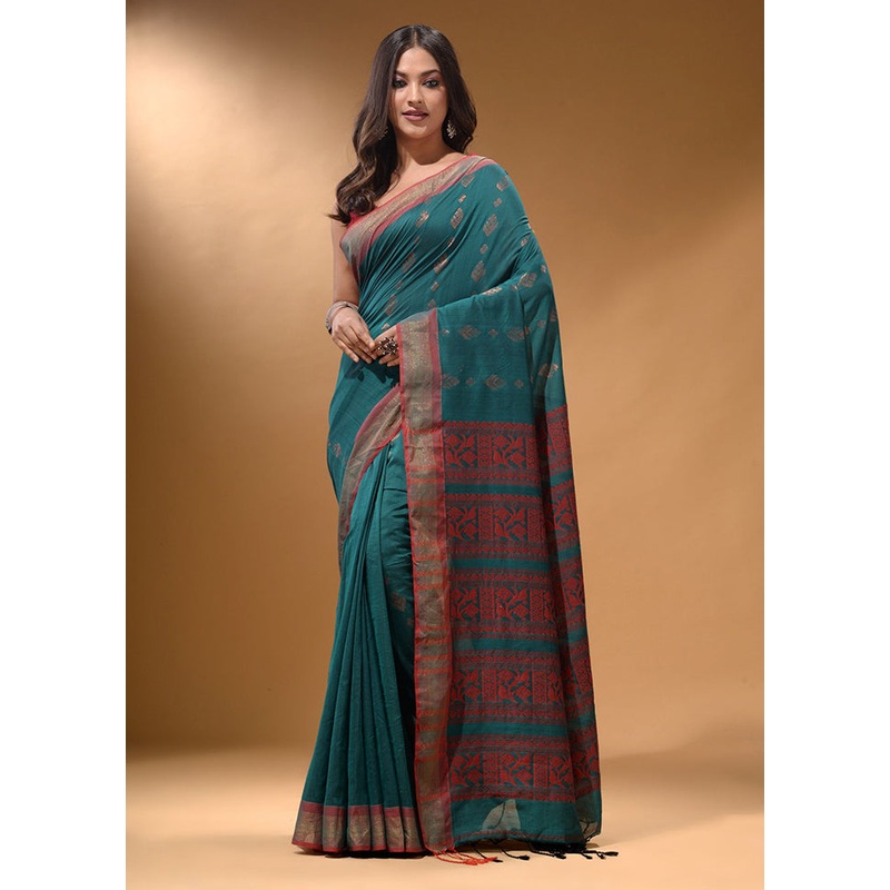 Teal Spun Silk Saree With Blouse Piece - JD986586020