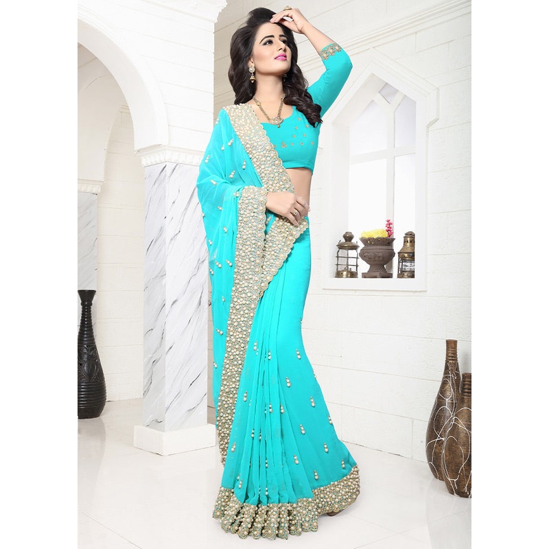 Turquoise Blue Georgette Saree With Blouse Piece - JD986586015