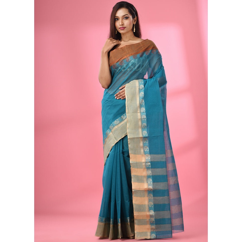 Turquoise Blue Pure Cotton Saree With Blouse Piece - JD986586013