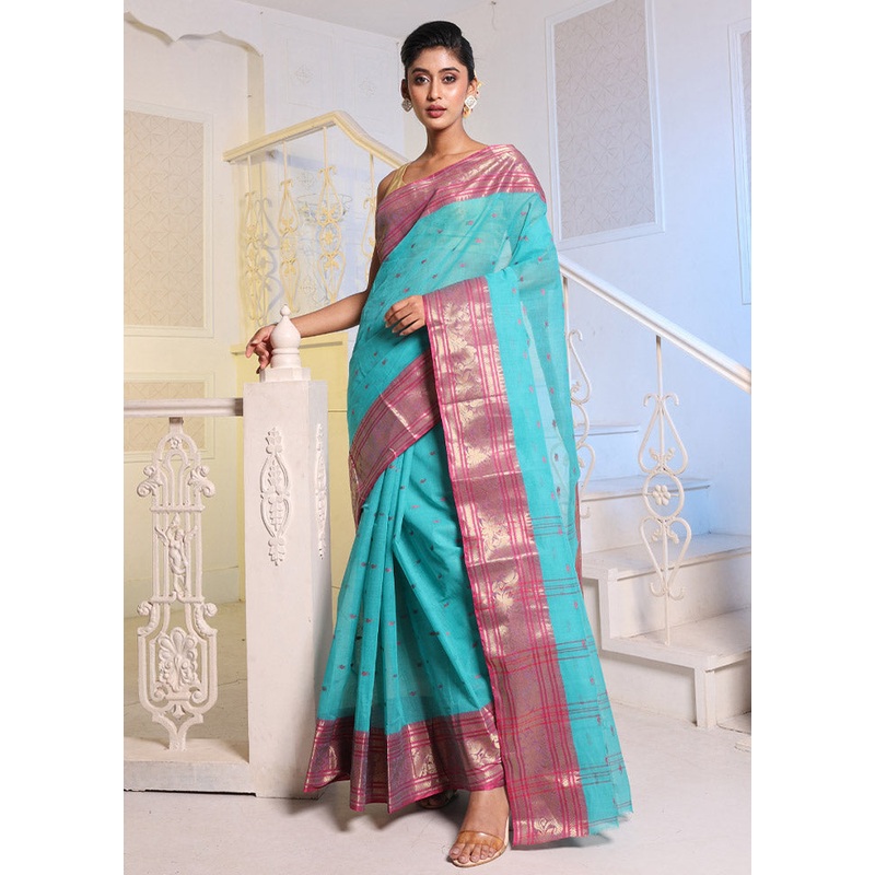 Turquoise Blue Pure Cotton Saree With Blouse Piece - JD986586014