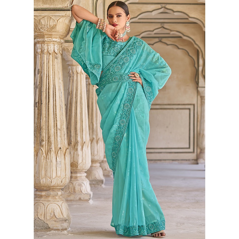 Turquoise Silk Saree With Blouse Piece - JD986586012