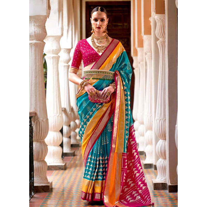 Turquoise Spun Silk Saree With Blouse Piece - JD986586010