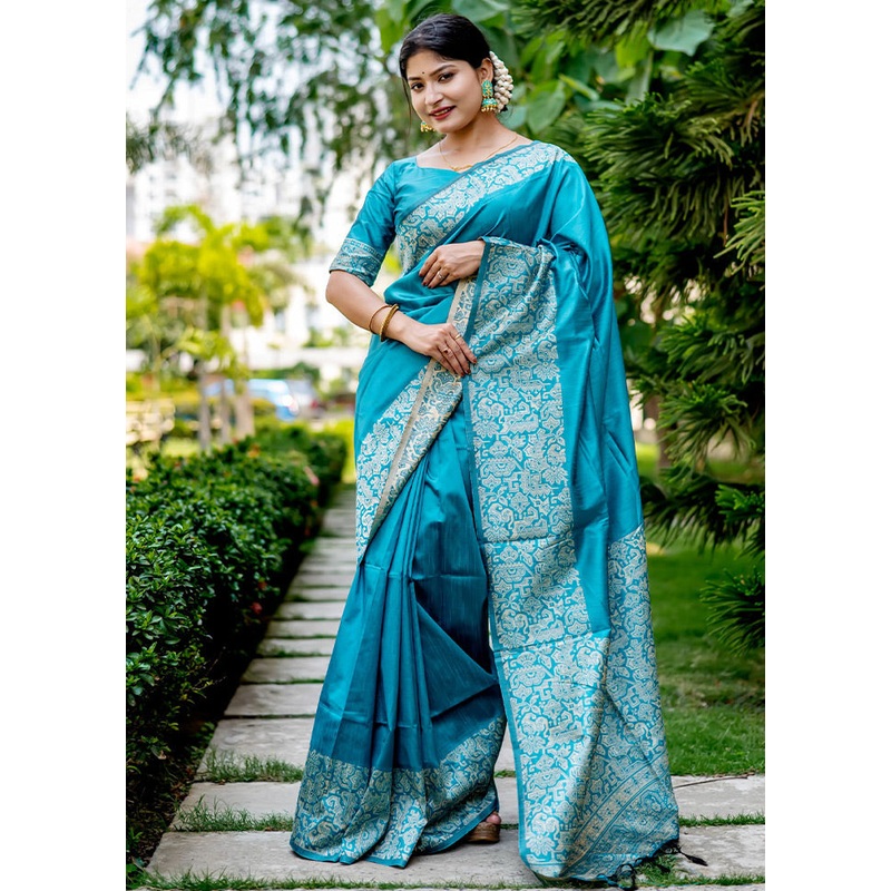 Turquoise Spun Silk Saree With Blouse Piece - JD986586011