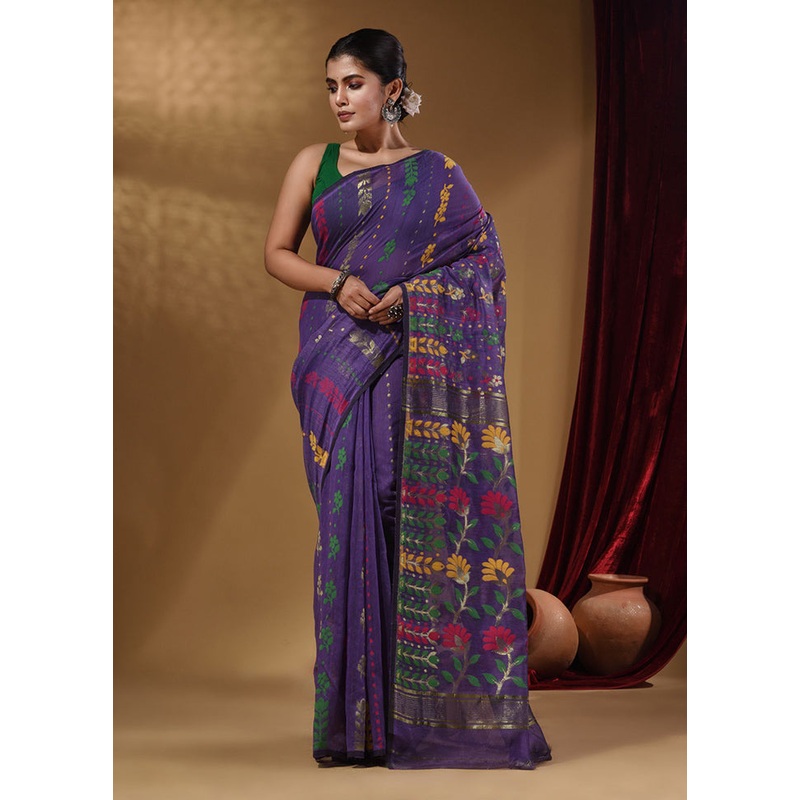 Violet Tant Jamdani Saree With Blouse Piece - JD986585987