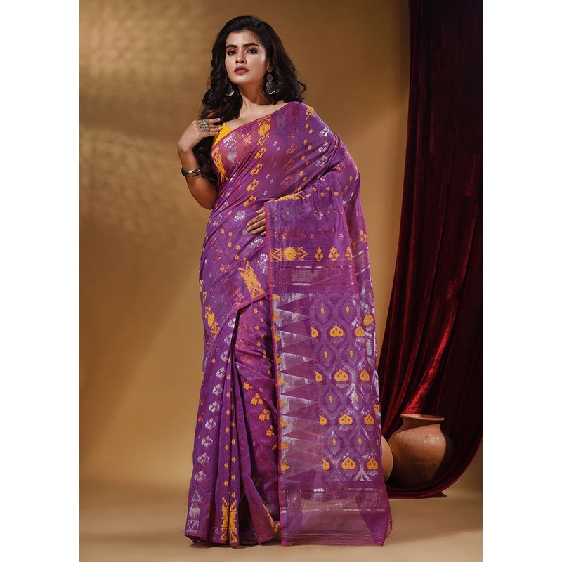 Violet Tant Jamdani Saree With Blouse Piece - JD986585989