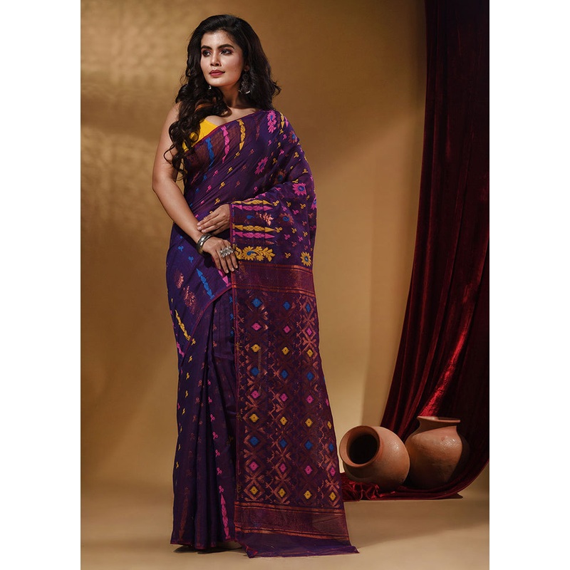 Violet Tant Jamdani Saree With Blouse Piece - JD986585990
