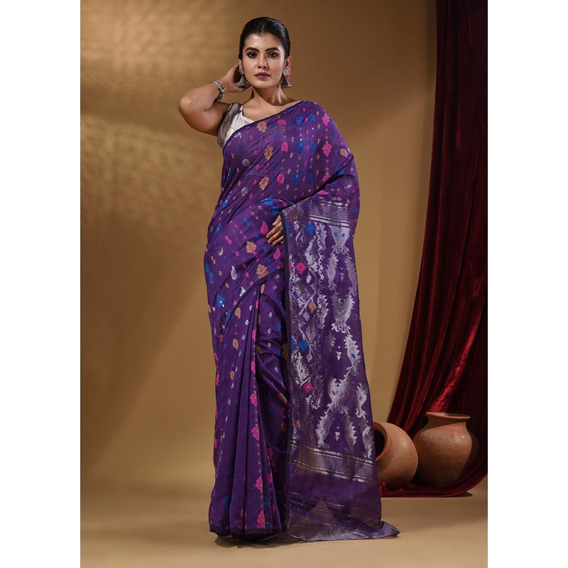 Violet Tant Jamdani Saree With Blouse Piece - JD986585991