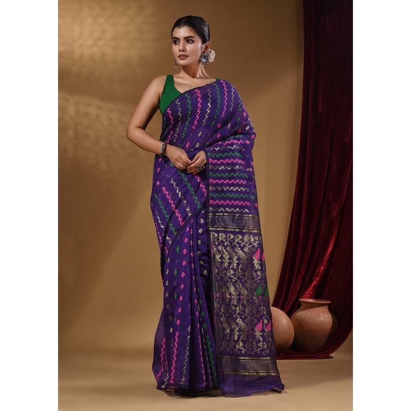 Violet Tant Jamdani Saree With Blouse Piece - JD986585992