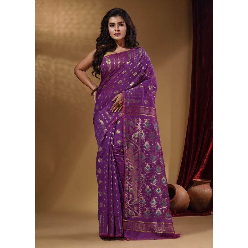 Violet Tant Jamdani Saree With Blouse Piece - JD986585993