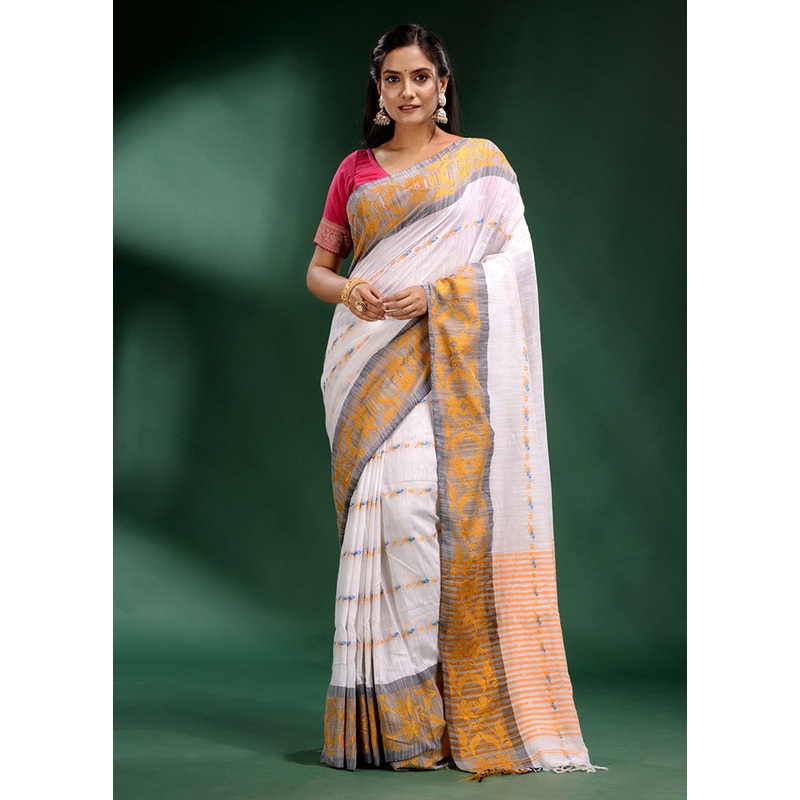White Cotton Saree With Blouse Piece - JD986585973