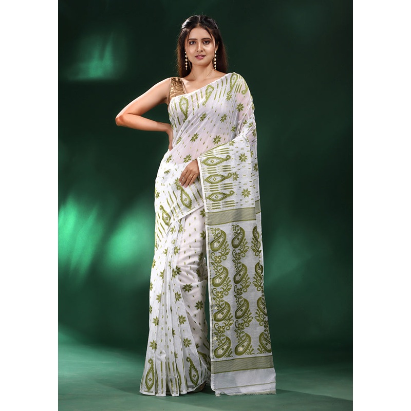 White Cotton Saree With Blouse Piece - JD986585974