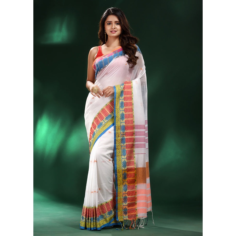 White Cotton Saree With Blouse Piece - JD986585975