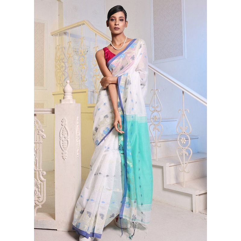 White Cotton Saree With Blouse Piece - JD986585976